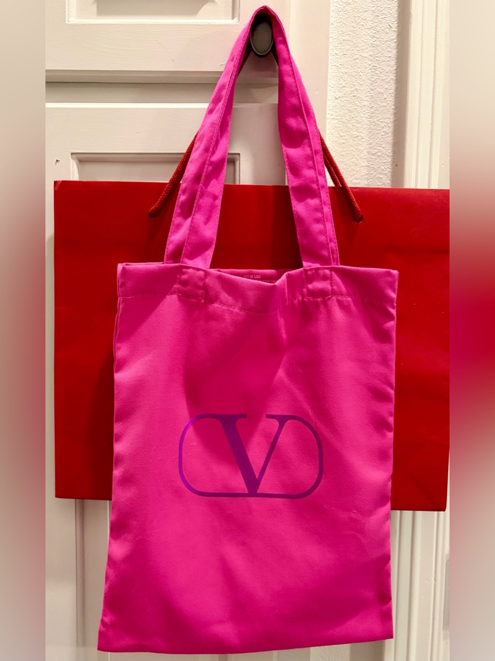 🎀Valentino Vibrant Pink Tote with Purple Logo and Valentino Shopping Bag